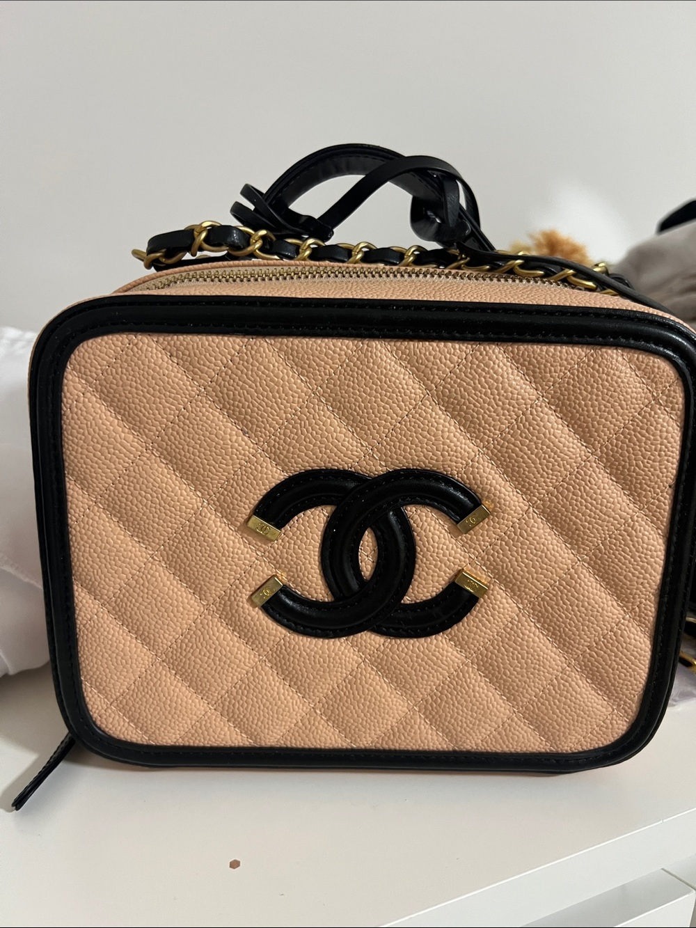 CHANEL Beige Quilted Vanity Crossbody with Black Trim and Gold Hardware